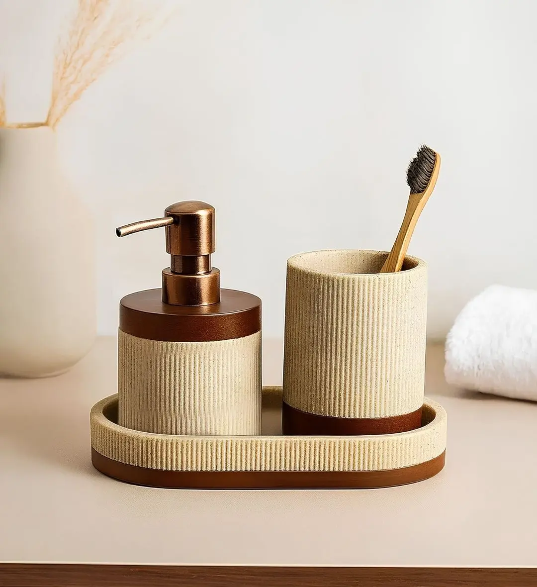 Bath Set 3pcs | Soap Dispenser, Toothbrush Holder & Tray – 4601 (Soap Dispenser: 8.6 × 8.6 × 13.8 cm (230 ml); Toothbru...